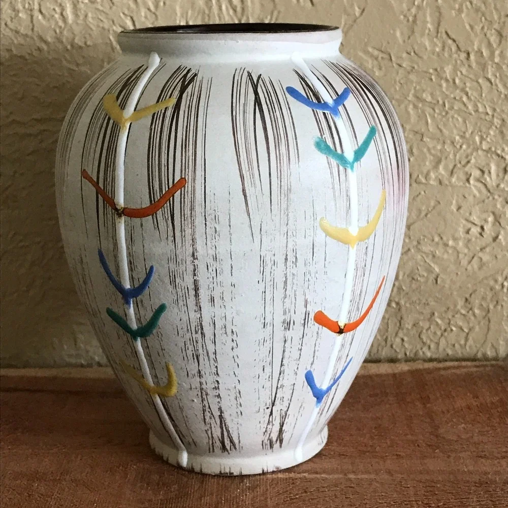Vintage U-Keramik Sgraffito Bark Vase West Germany Pottery 525-13 MCM Chevron